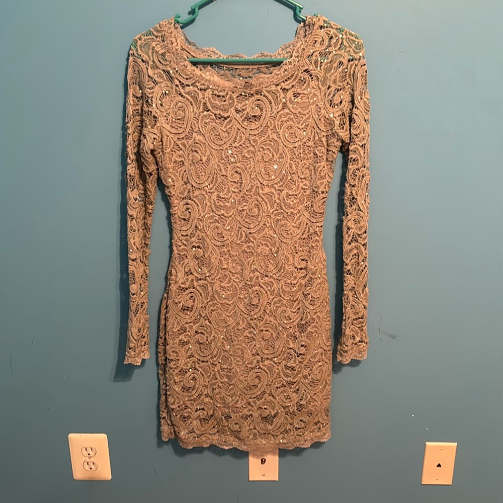 Sparkly, gray long sleeve homecoming dress